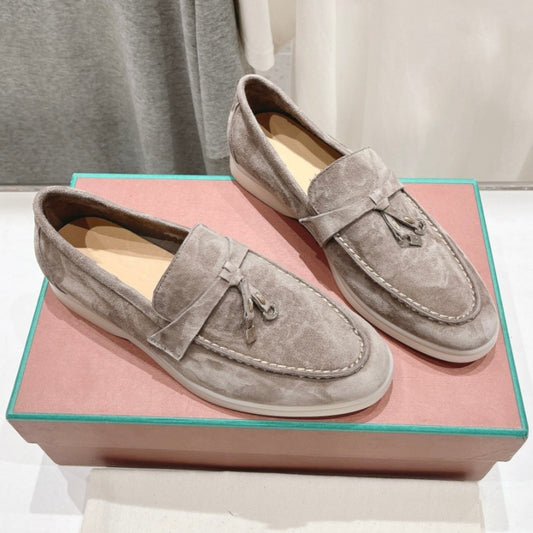 British Slip-on Lazy Pumps Deerskin Round Head Tassel Hardware Women's Casual Shoes