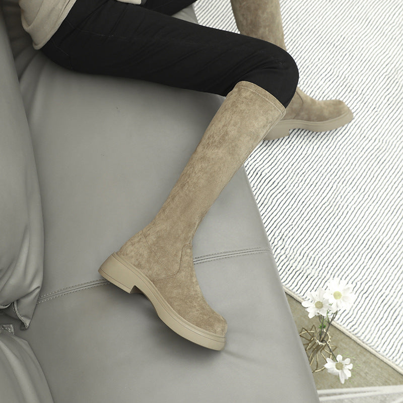 Women's Below The Knee Suede Fleece-lined Thickened High Leg Chunky Platform Women's Leather Boots