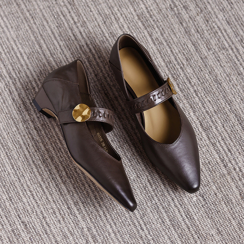 Women's Spring Pointed Toe Western Style Cowhide French Low Velcro Shallow Women's Casual Shoes