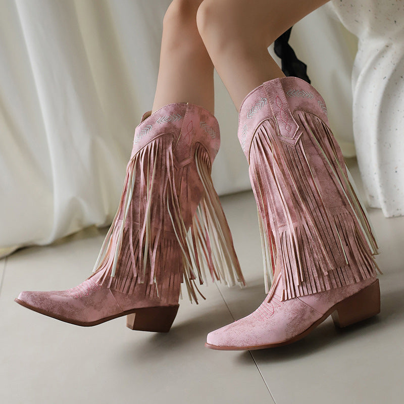 Women's Mid Pointed Western Tassel Embroidery Women's Leather Boots