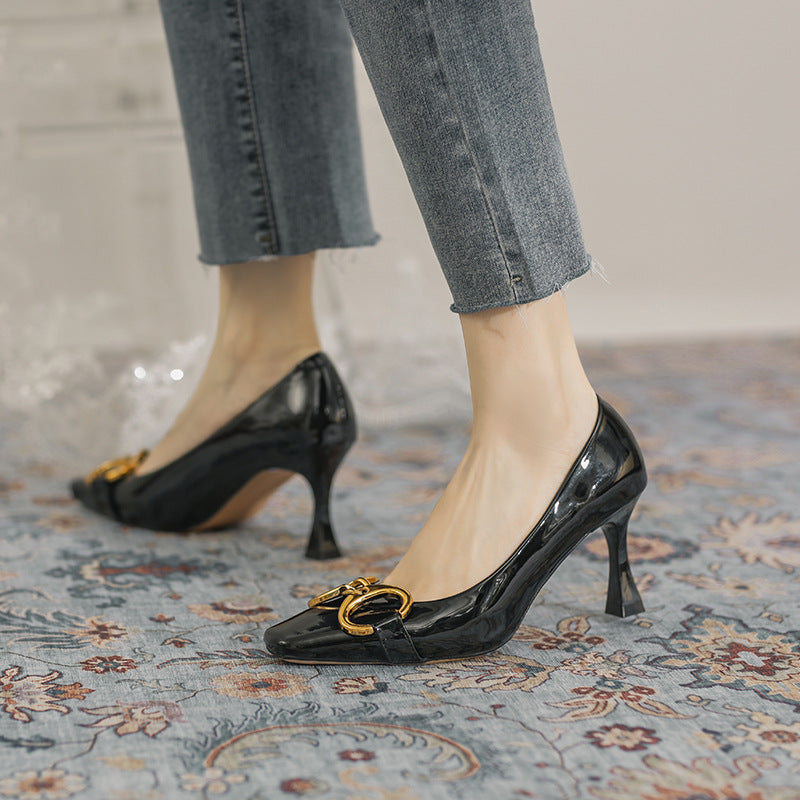 Women's Buckle Spring French Lady Style Stiletto Square Toe Low-cut Heels