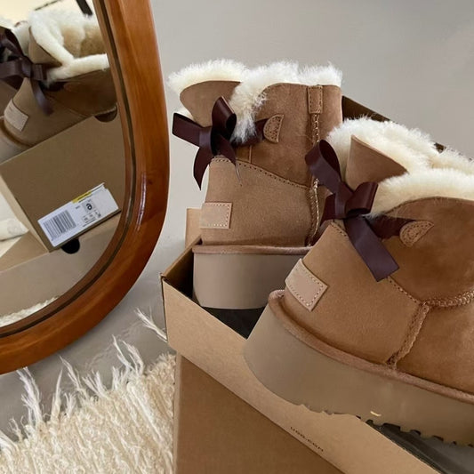 Women's Platform Single Ribbon Bow Thick In Snow Boots