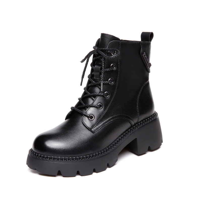 Women's Cowhide Autumn Flat Ankle Retro Round Toe Martin Boots