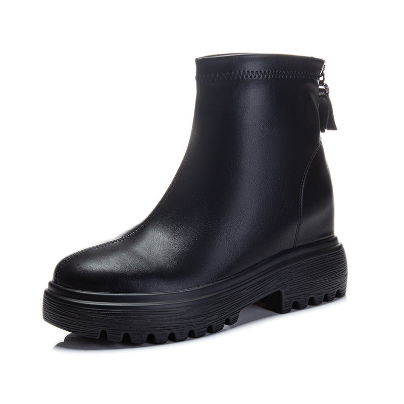 Height Increasing Insole Small Stretch Female British Style Chunky Platform Women's Leather Boots