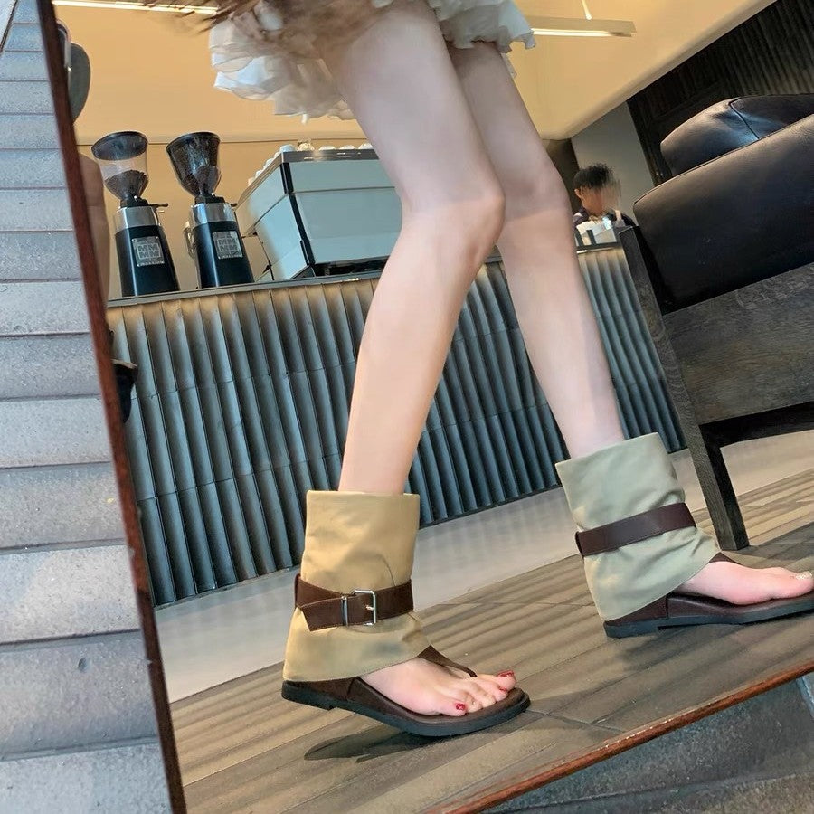 Women's Height Increasing Flip-flops Color Matching Belt Buckle Toe High Heeled Sandals