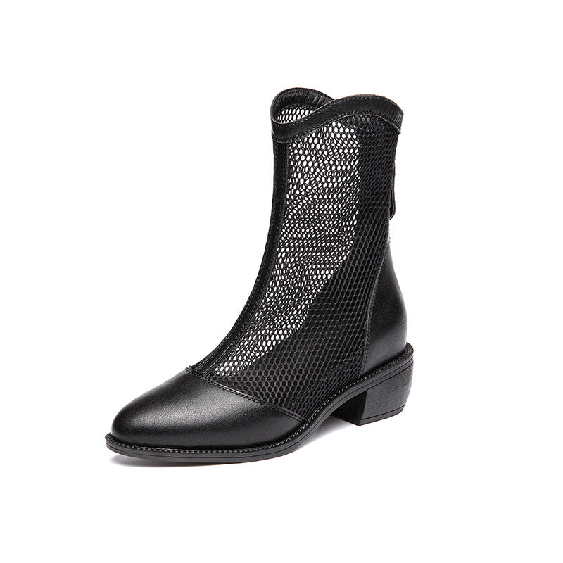 Women's Chunky Mesh Roman Back Zipper Pointed Mid Hollow Sandals