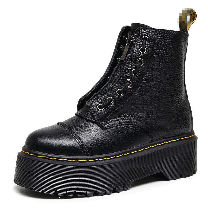 British Thick-soled Martin Front Zipper Top Layer Lychee Pattern Ankle Women's Leather Boots