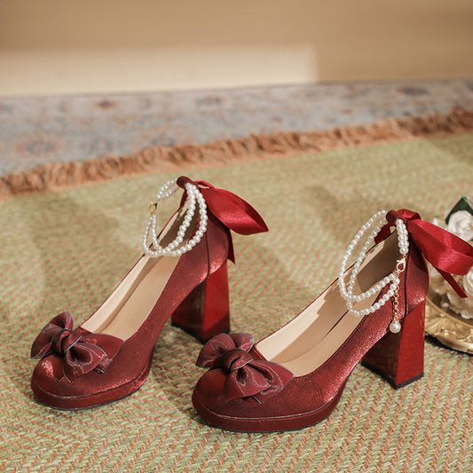 Women's Spring Red Mary Jane High Chunky Chinese Style Bridal Women's Fashion Shoes