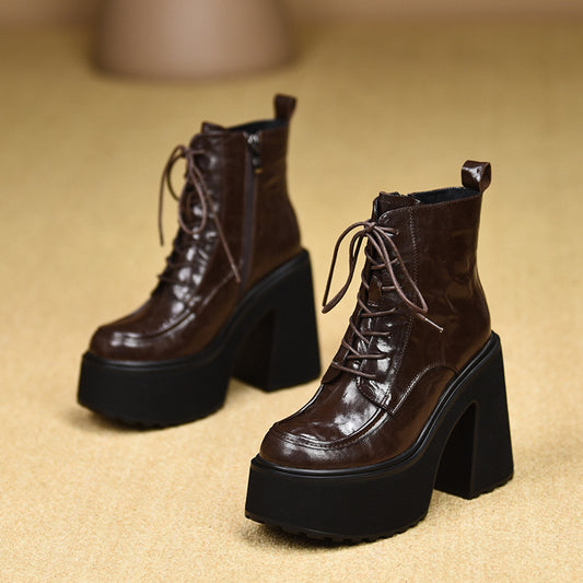 Women's Increasing Lace Up Chunky Martin Round Head Thick Bottom Waterproof Women's Leather Boots