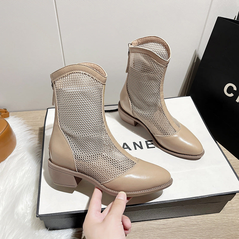Women's Chunky Mesh Roman Back Zipper Pointed Mid Hollow Sandals