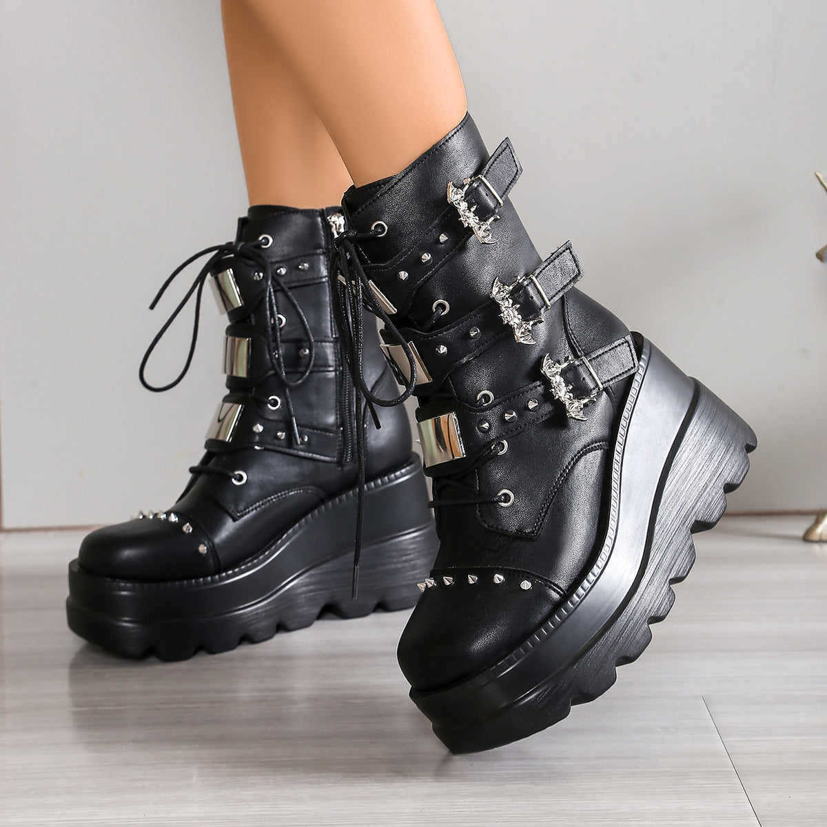 Rivet Belt Buckle Platform Martin Female Small Height Increase Device Boots