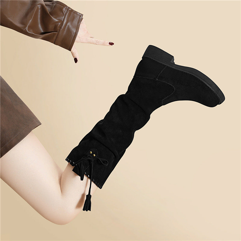 Women's Temperament Platform Knee-high Pile Style Western Cowboy Fashion Knight Women's Leather Boots