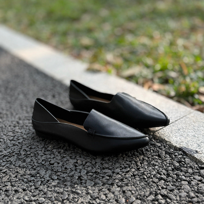 Women's Color First Layer Cowhide Pointed Toe Mid Mouth Low Top Women's Fashion Shoes