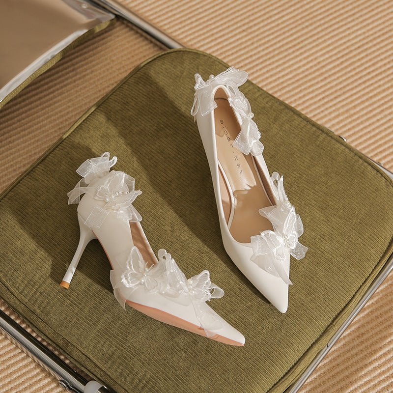 Women's Sheepskin High Stiletto Pointed Toe Elegant White Lace Wedding Women's Fashion Shoes