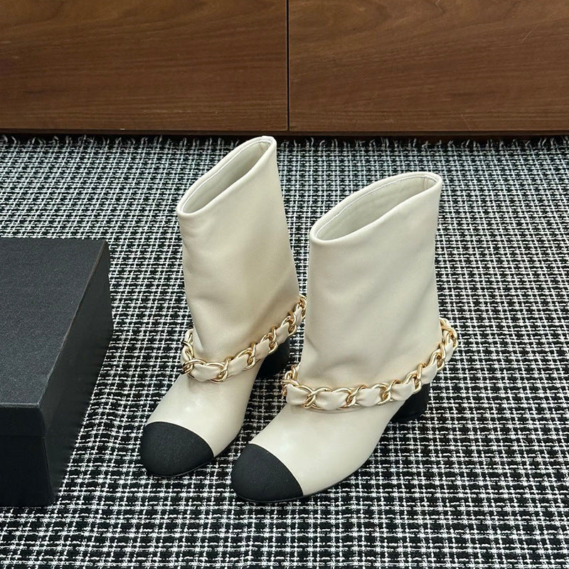 Women's Chain Tube Short Round Head Chunky High-heeled Women's Leather Boots