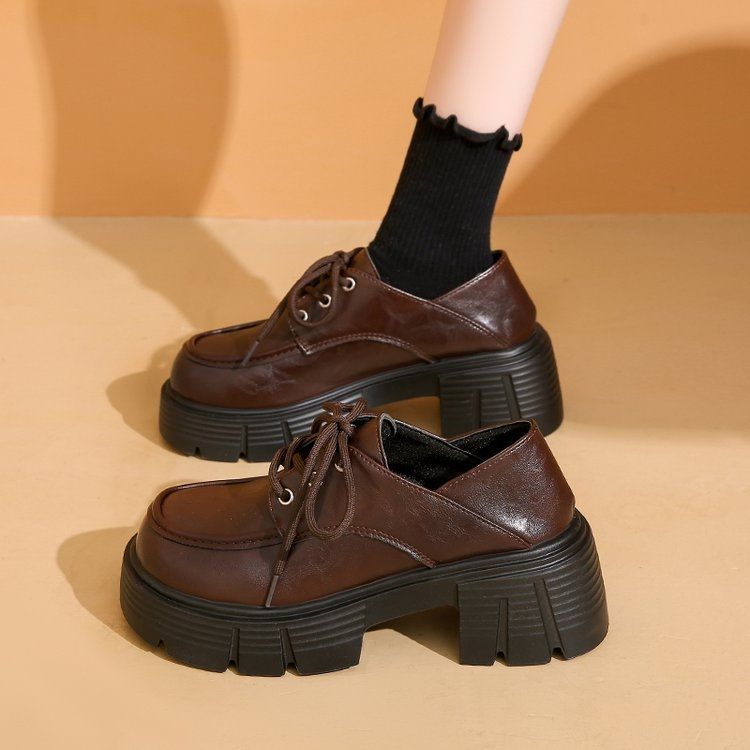 Women's Platform Black Chunky Height Increasing Commuter French Pumps British Women's Fashion Shoes