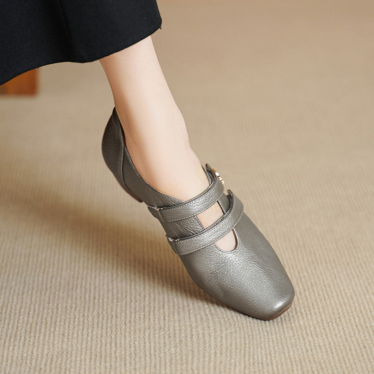 Elegant Soft Sheepskin Square Toe Mary Jane Low Velcro Deep Women's Fashion Shoes