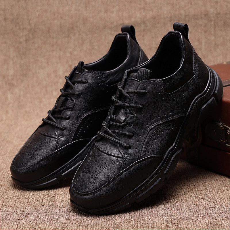 Men's Running Black Front Business First Layer Cowhide Low Cut Round Casual Shoes