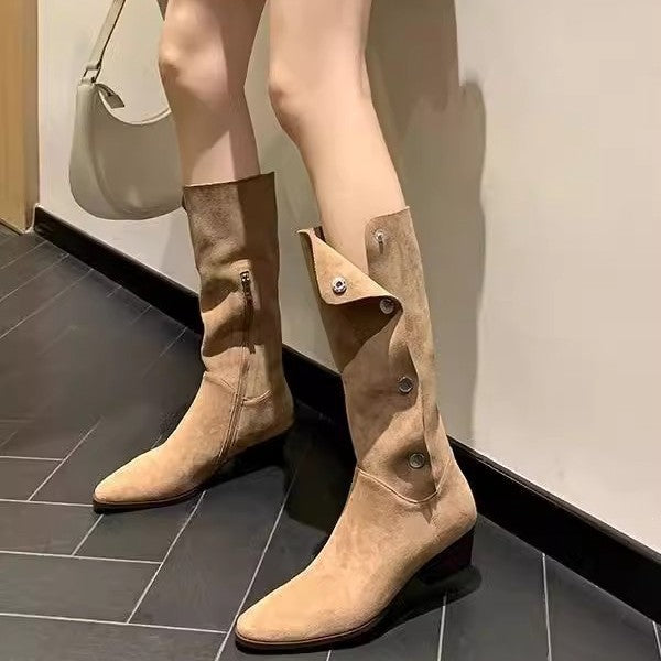 Women's Western Cowboy Button High Leg Chunky Women's Leather Boots