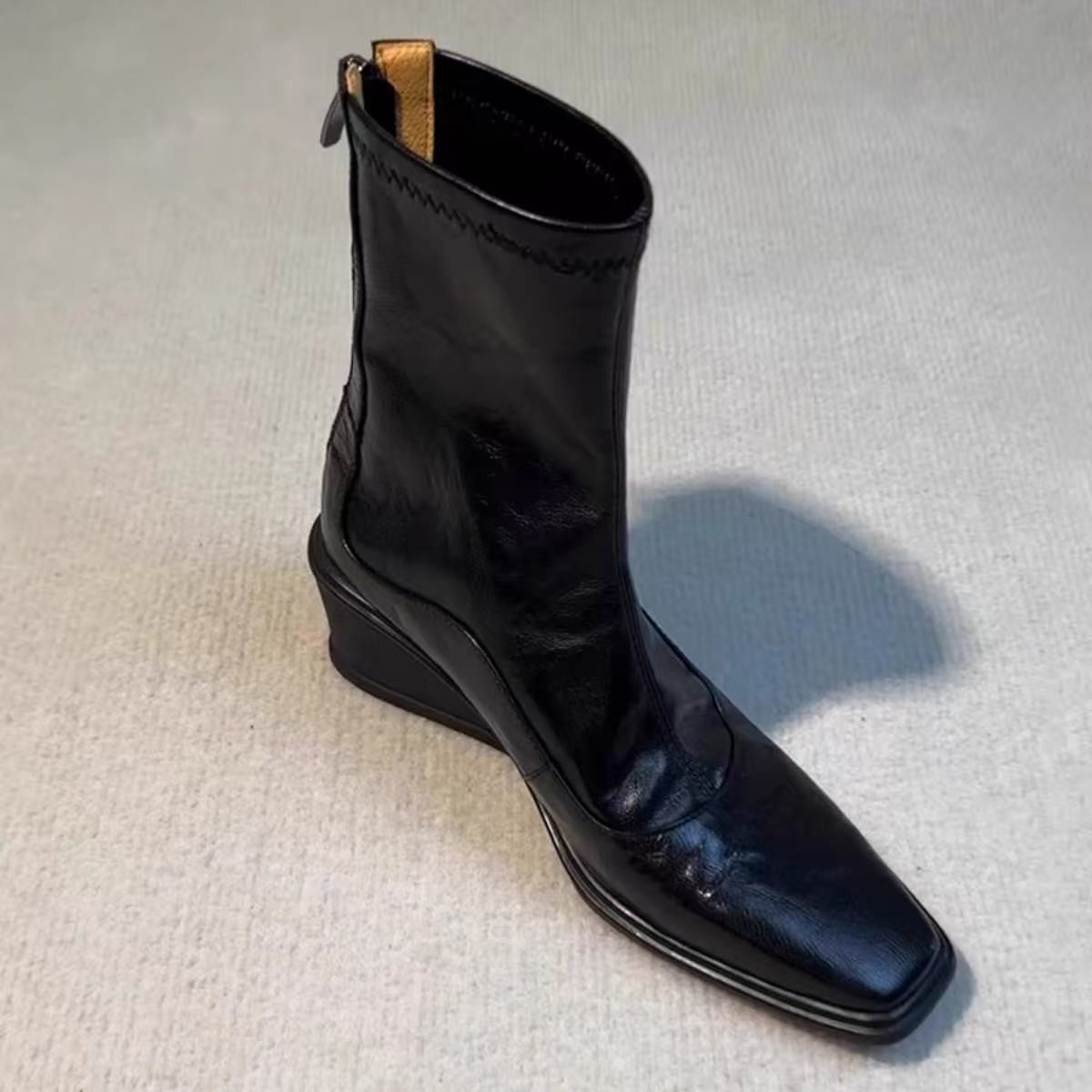 Platform Increased Stretch Thin Female Square Toe Back Zipper Retro Women's Leather Boots