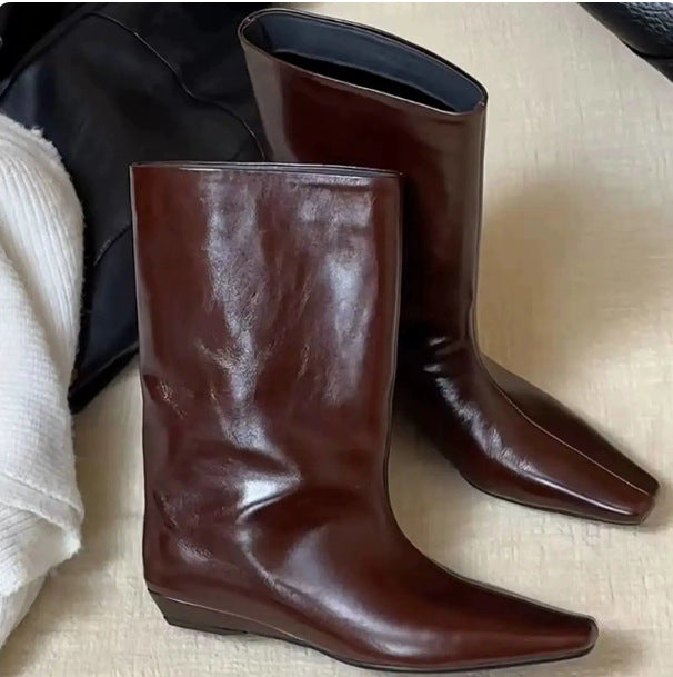 Women's Cowhide Version Korean Simple Square Toe Temperament Low Heels