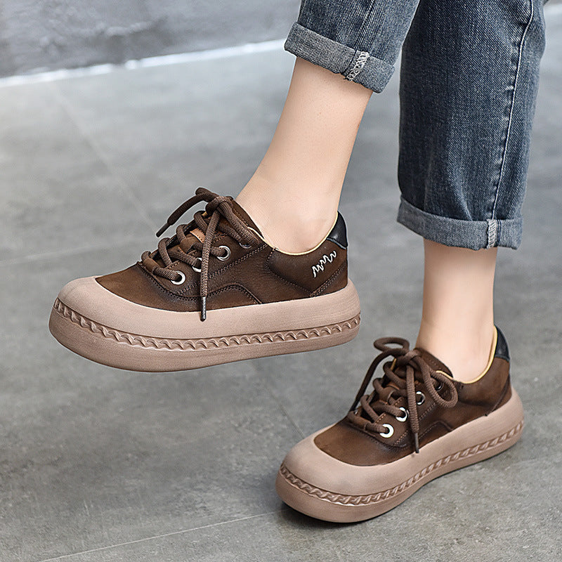Women's Autumn Platform First Layer Cowhide Retro Casual Shoes