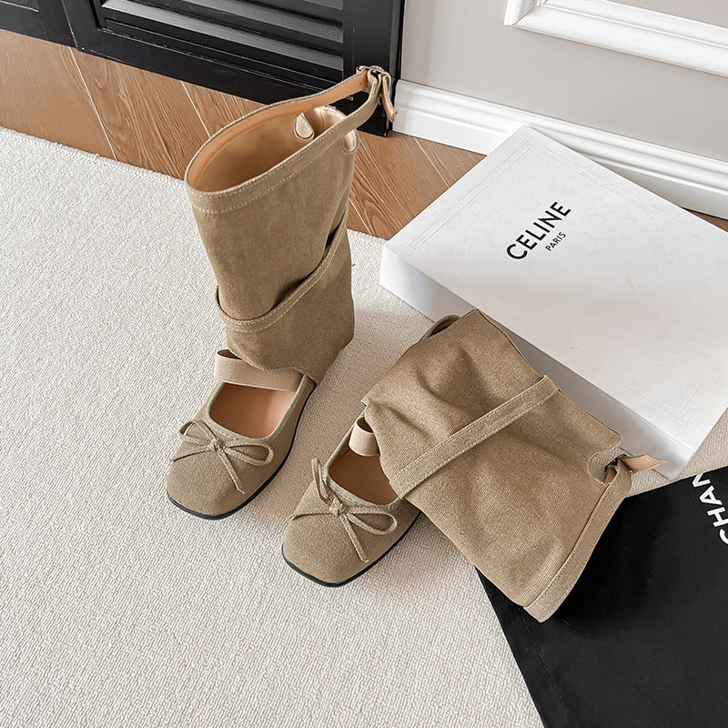 Women's Bow Mary Jane Ballet Linen Distressed Slippers