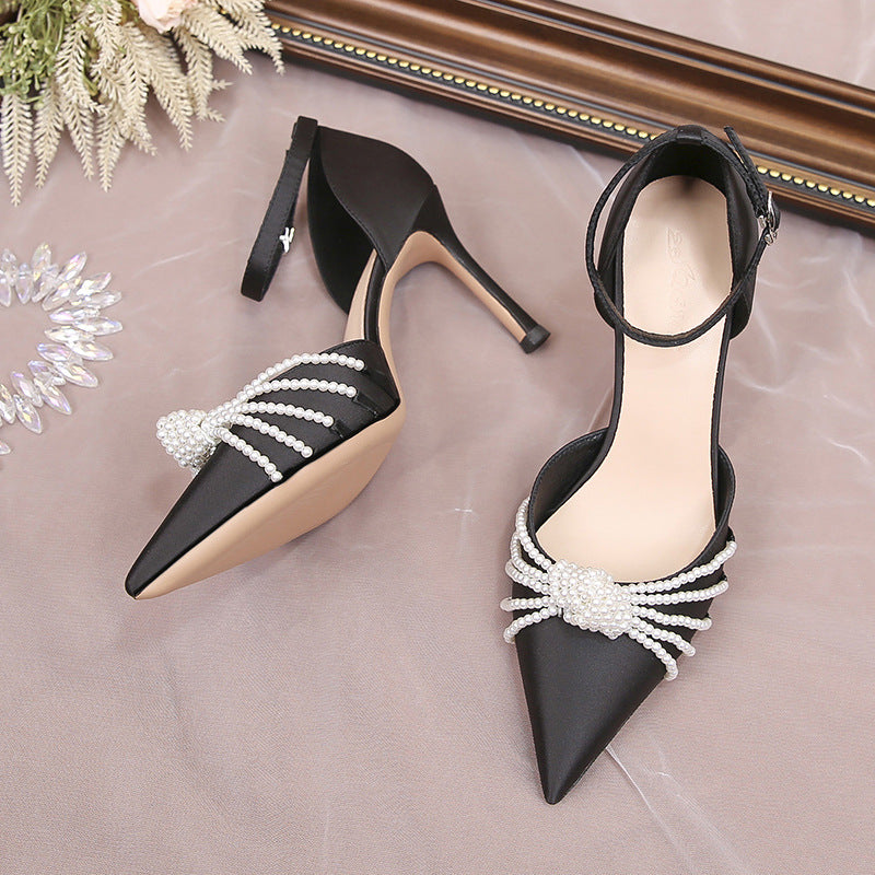 Women's Pearl Pointed Toe Stiletto Buckle Strap High Sexy Satin Pumps Heels