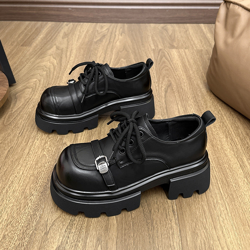 Thick Sole Increased With British Style Belt Buckle Round Toe Loafers