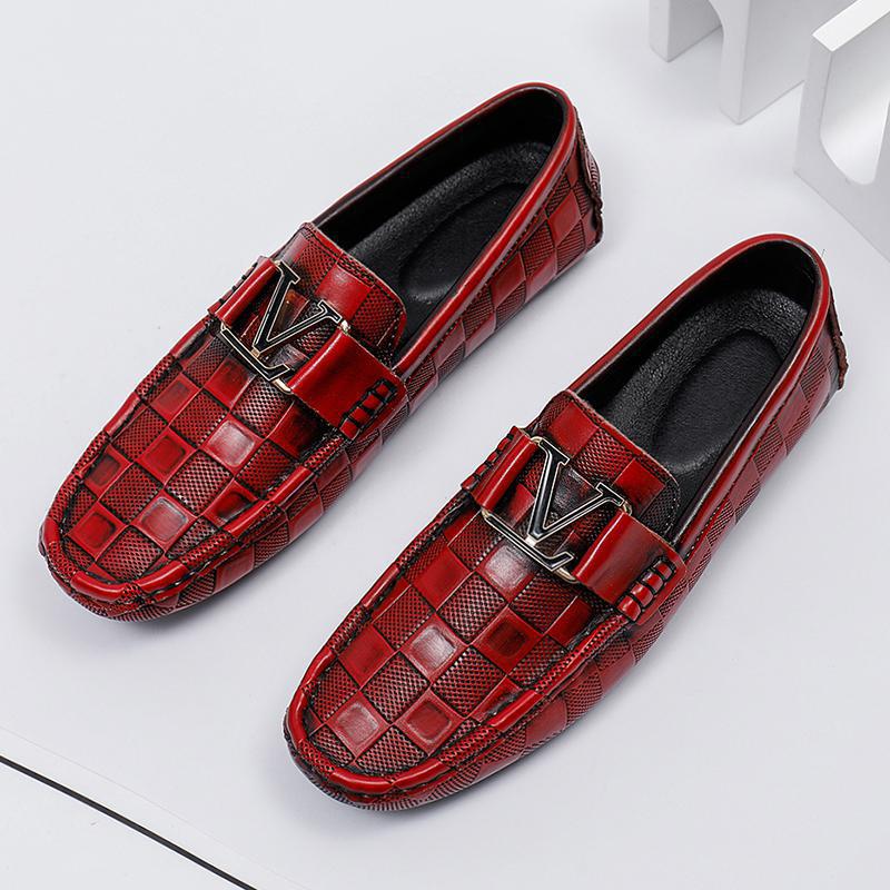 Men's Business Slip-on Flat Driving Plaid Cowhide Casual Shoes