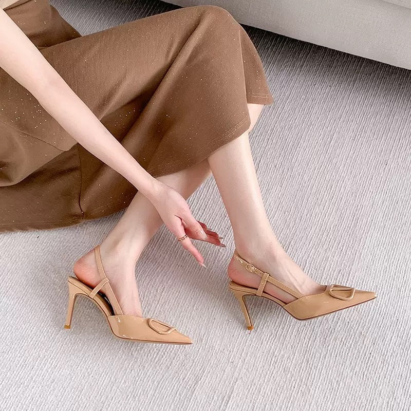 Women's V Home Nude Patent Shallow Mouth Elegant Toe Cap Stilettos High Heeled Sandals