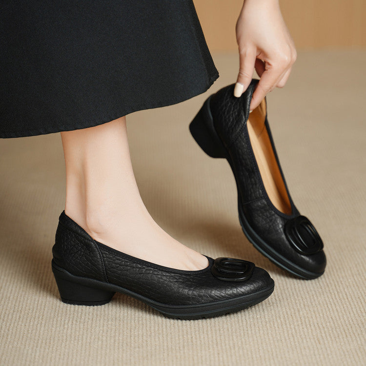 Women's Soft Sheepskin Metal Buckle Platform Genuine Round Toe Pumps Mid Women's Fashion Shoes