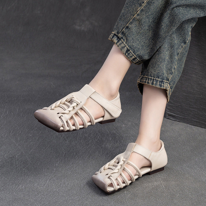 Women's Summer Woven Square Toe Breathable Hollow Retro Flat Sandals