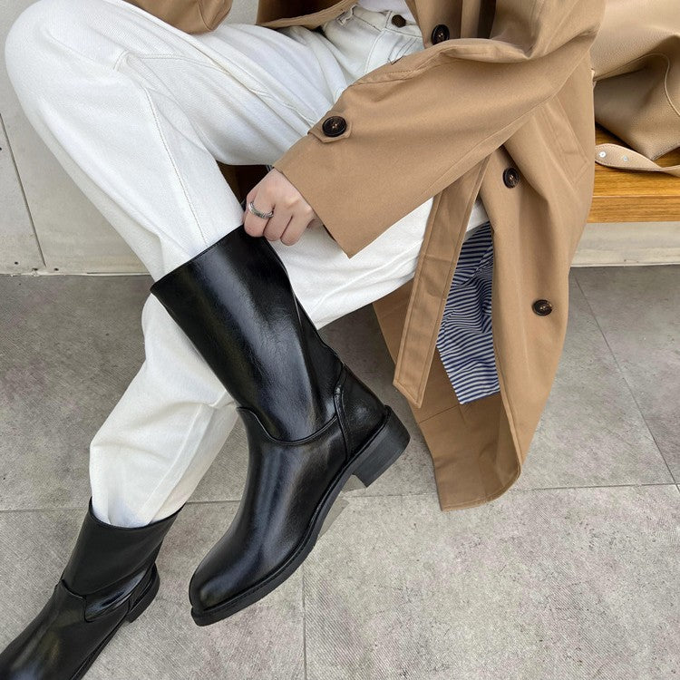 Round Toe Sleeve Smoke Pipe Autumn Versatile Soft Knight Women's Leather Boots