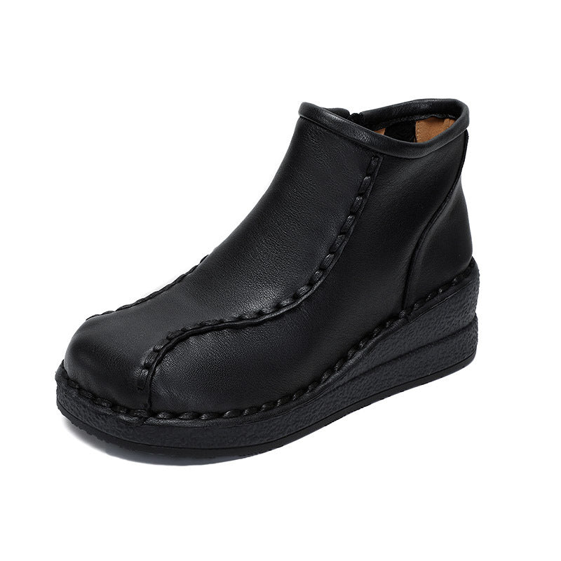 Women's National Style Vintage Soft Bottom Wedge Short Thick Mid Women's Leather Boots