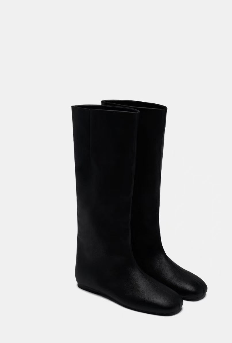 Women's Insole Sleeve Round Toe For French Retro Pile Style Wide Women's Leather Boots
