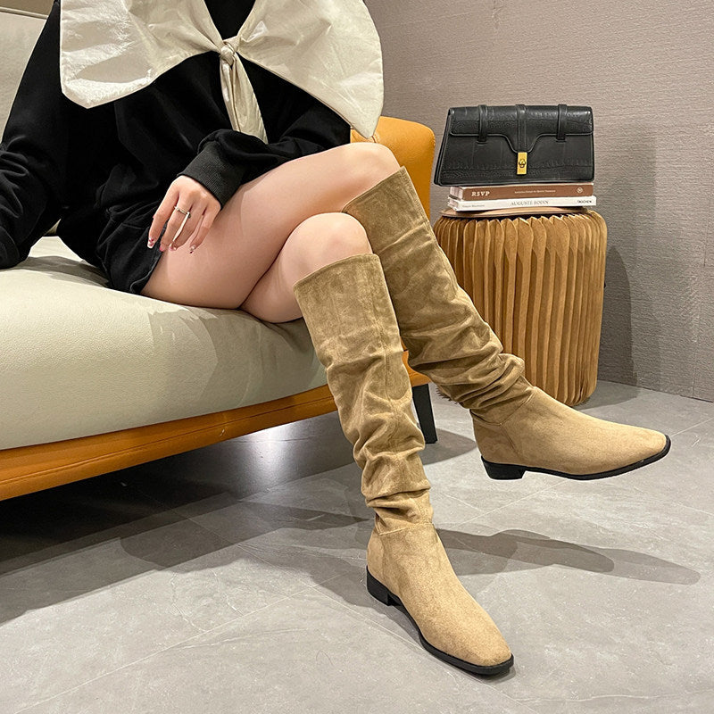 Women's Pile Style Riding Vintage Suede Thick Pointed Toe Boots