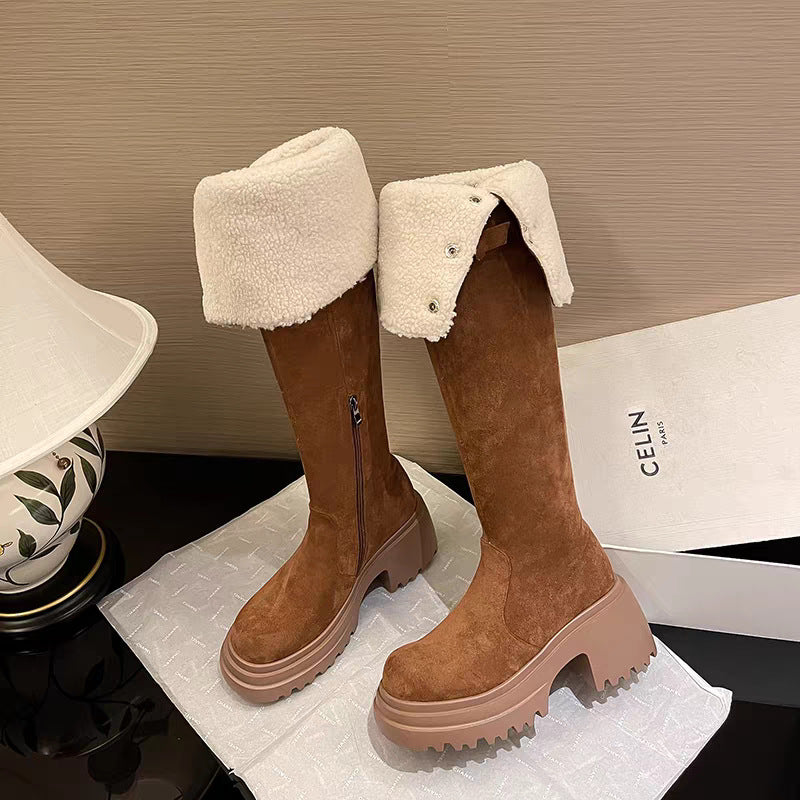 Women's Knee-high Fleece-lined Over The Knee Brown Thick Women's Leather Boots