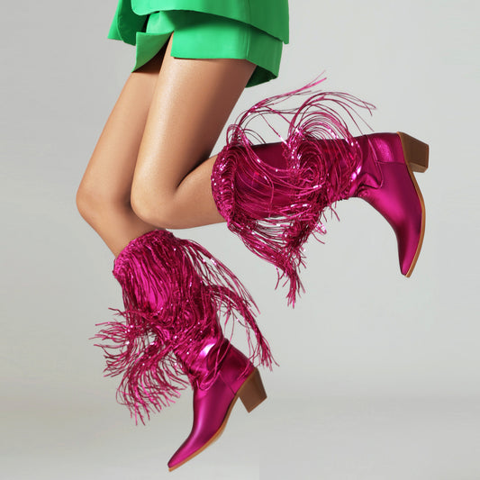 Women's Plus Size Sequined Tassel Pointed Thick High Heels