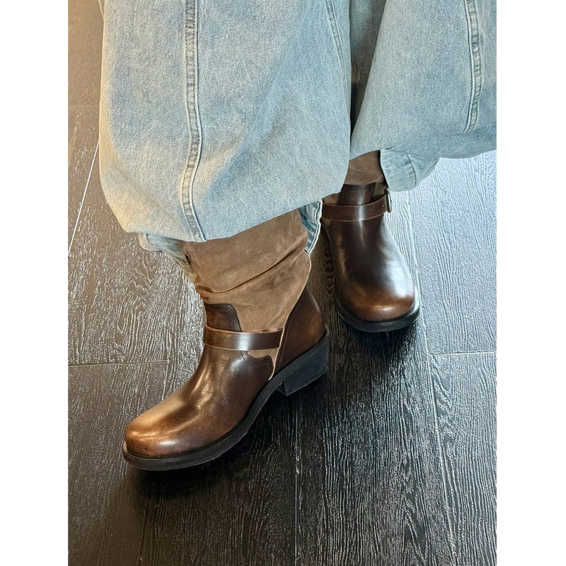 Women's Distressed Fashion Brushed Chunky Platform Knight Belt Boots