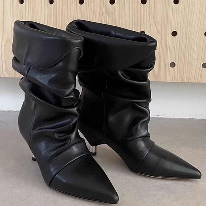 Women's Suede Kitten Booties Pleated Length Loose Socks Retro Slimming Western Women's Leather Boots