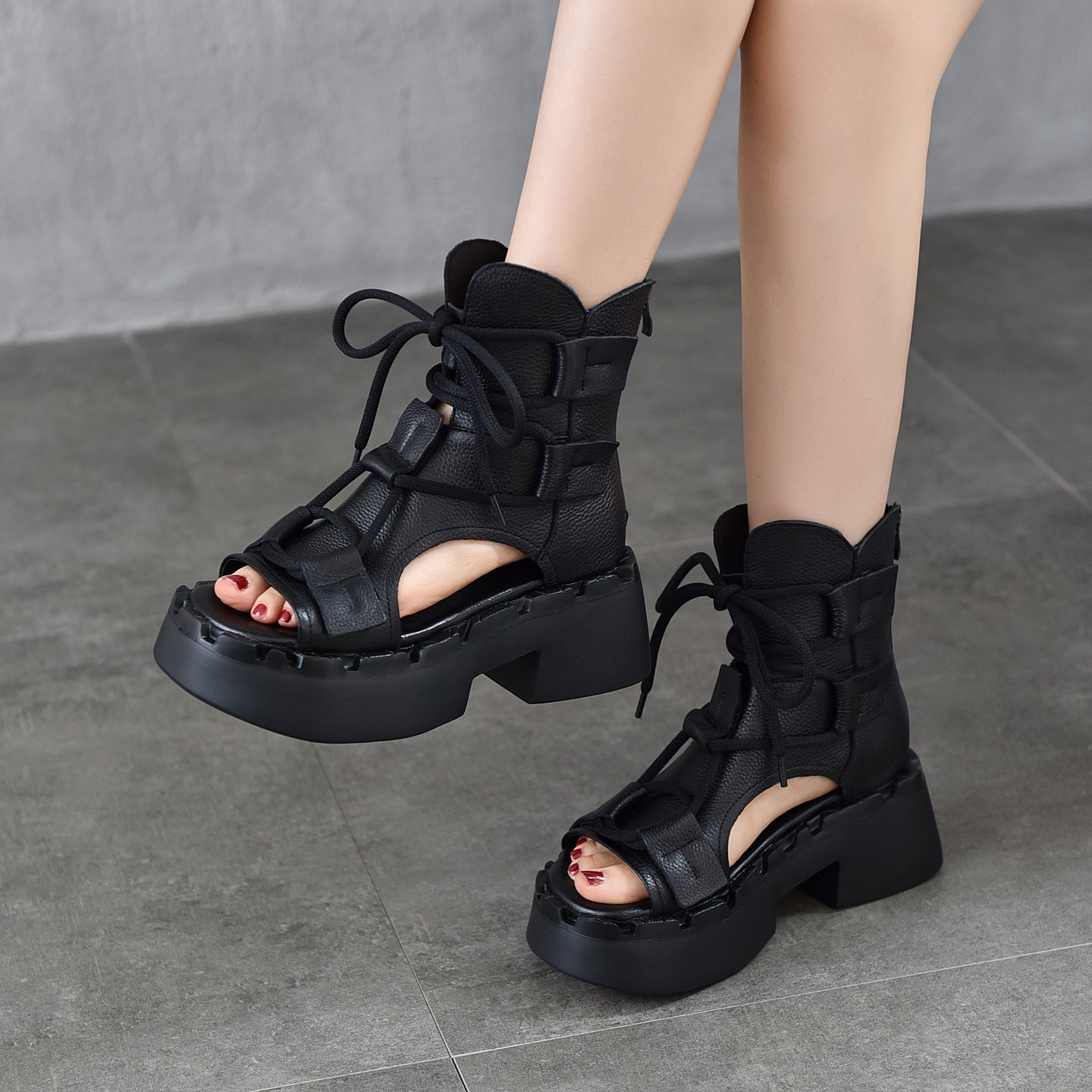 Women's Layer Cowhide Hollow Peep Toe Roman High Heeled Sandals