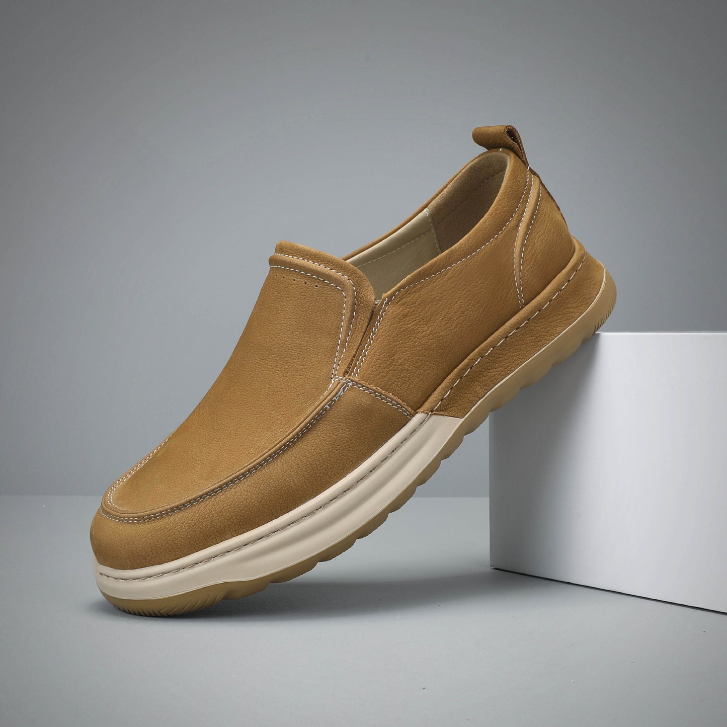 Men's One Pedal Spring Flat Green Genuine Slip-on Beanie Lightweight Soft Men's Casual Leather Shoes