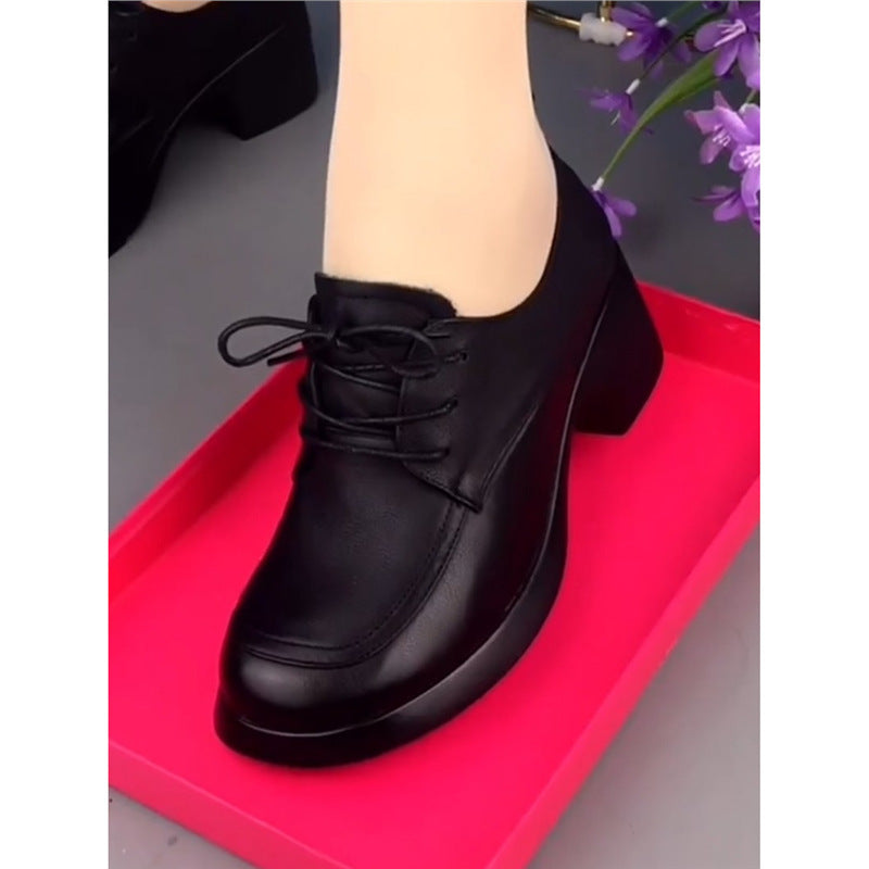 Women's British Style Small Chunky Platform Pumps Lace Up Round Toe Heels