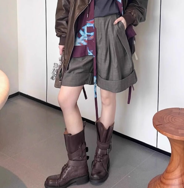 Women's High Motorcycle Knight Chunky Buckle Distressed Western Boots