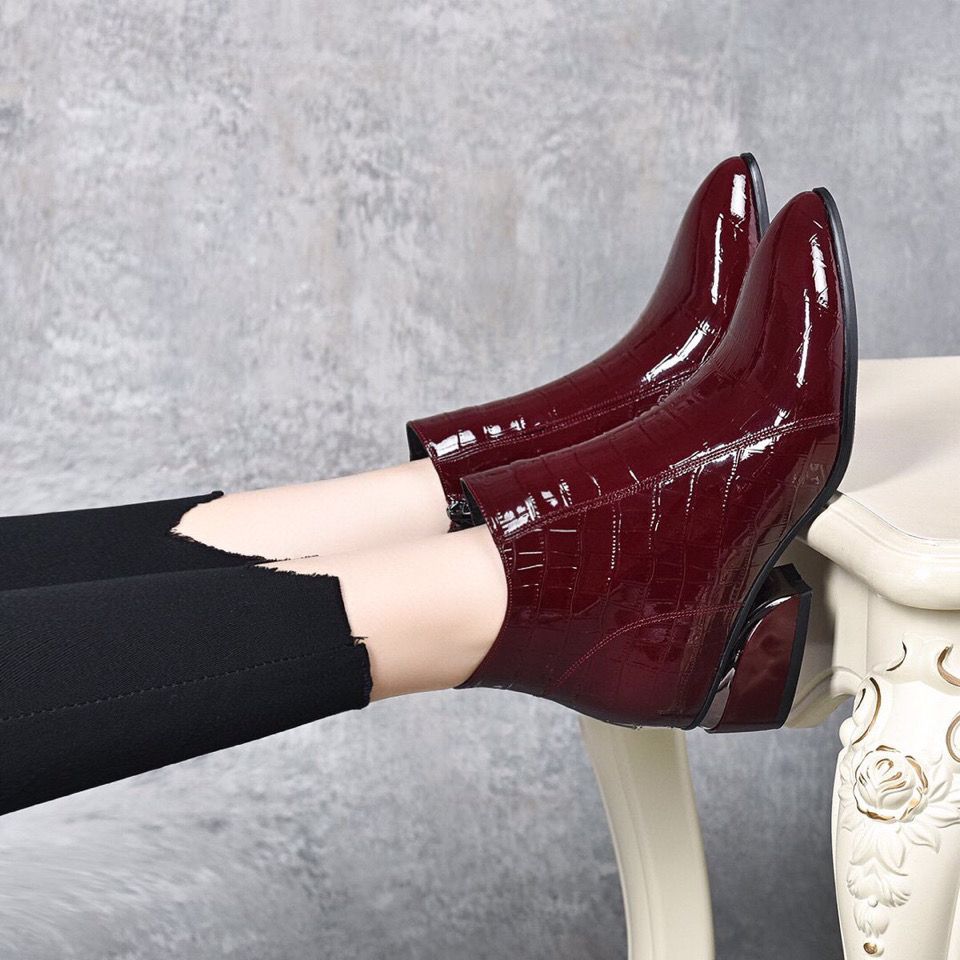 Women's Short Patent Cowhide Single Low Martin British Women's Leather Boots