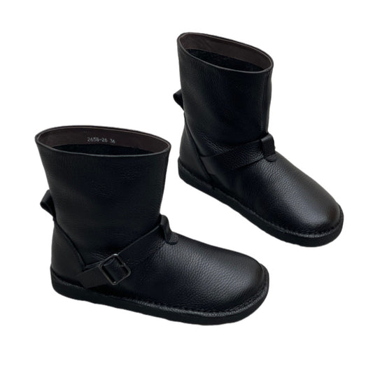 Women's Round Head Bottom Short Tube Belt Buckle Skinny Soft Cowhide Men's Shoes
