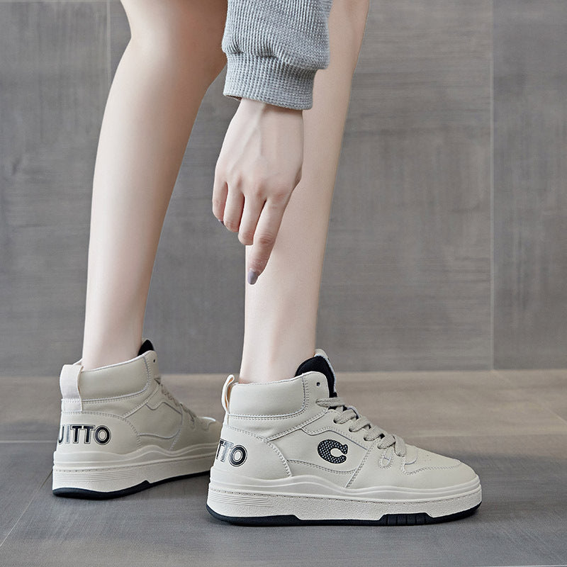 Women's Spring White Trendy Thick Bottom Fleece-lined Sneakers
