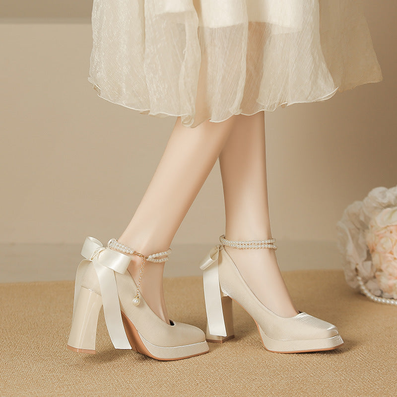 Women's Square Toe Chunky High Bow Waterproof Women's Fashion Shoes