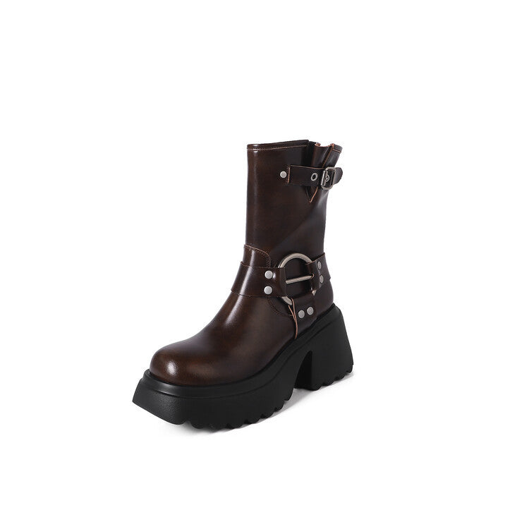 Women's Platform Martin Cowhide Skinny Belt Buckle Women's Leather Boots